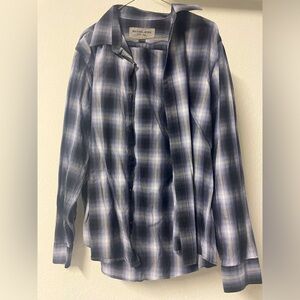 Michael Kors Mens Blue Grey White Plaid Button Up Long Sleeve Shirt Size Large